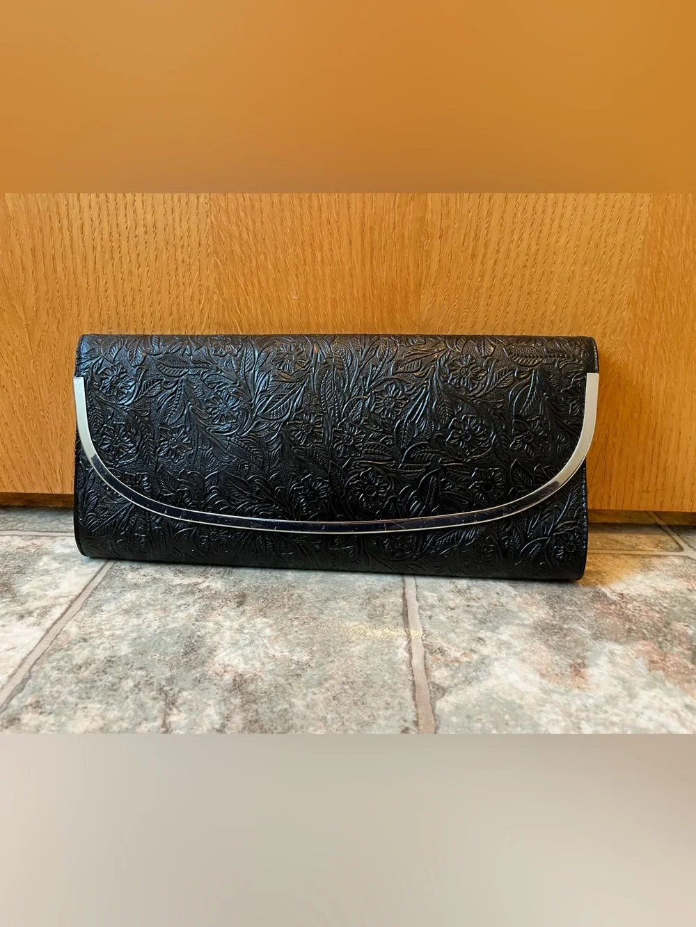 Lulu Townsend Black Floral Embossed Clutch Handbag